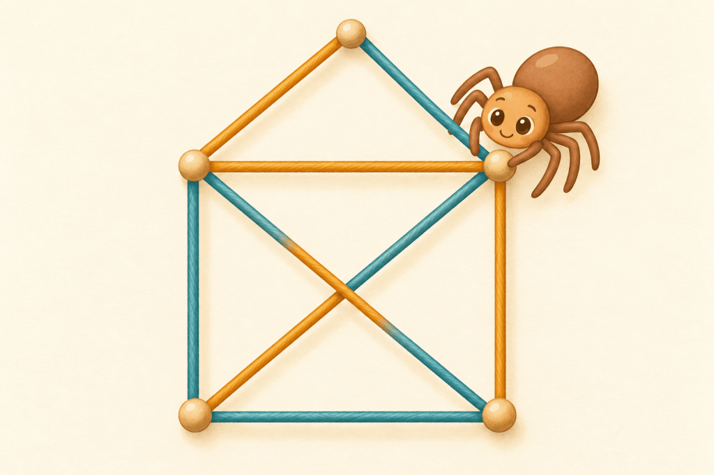 A friendly brown cartoon spider smiles from the upper corner of a silk house graph: a square with crossed diagonals and a triangular roof.